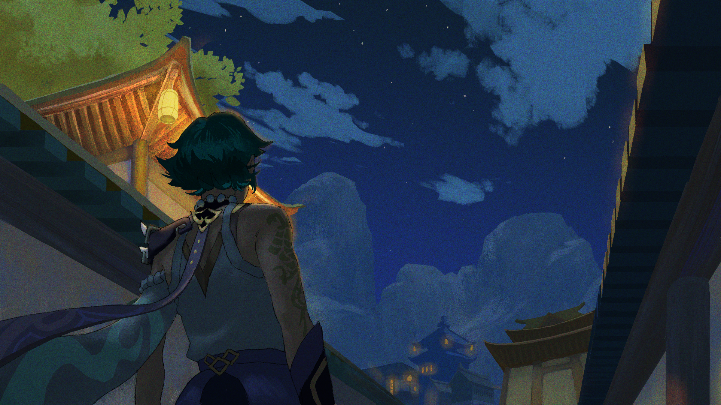 Asian village nighttime illustration