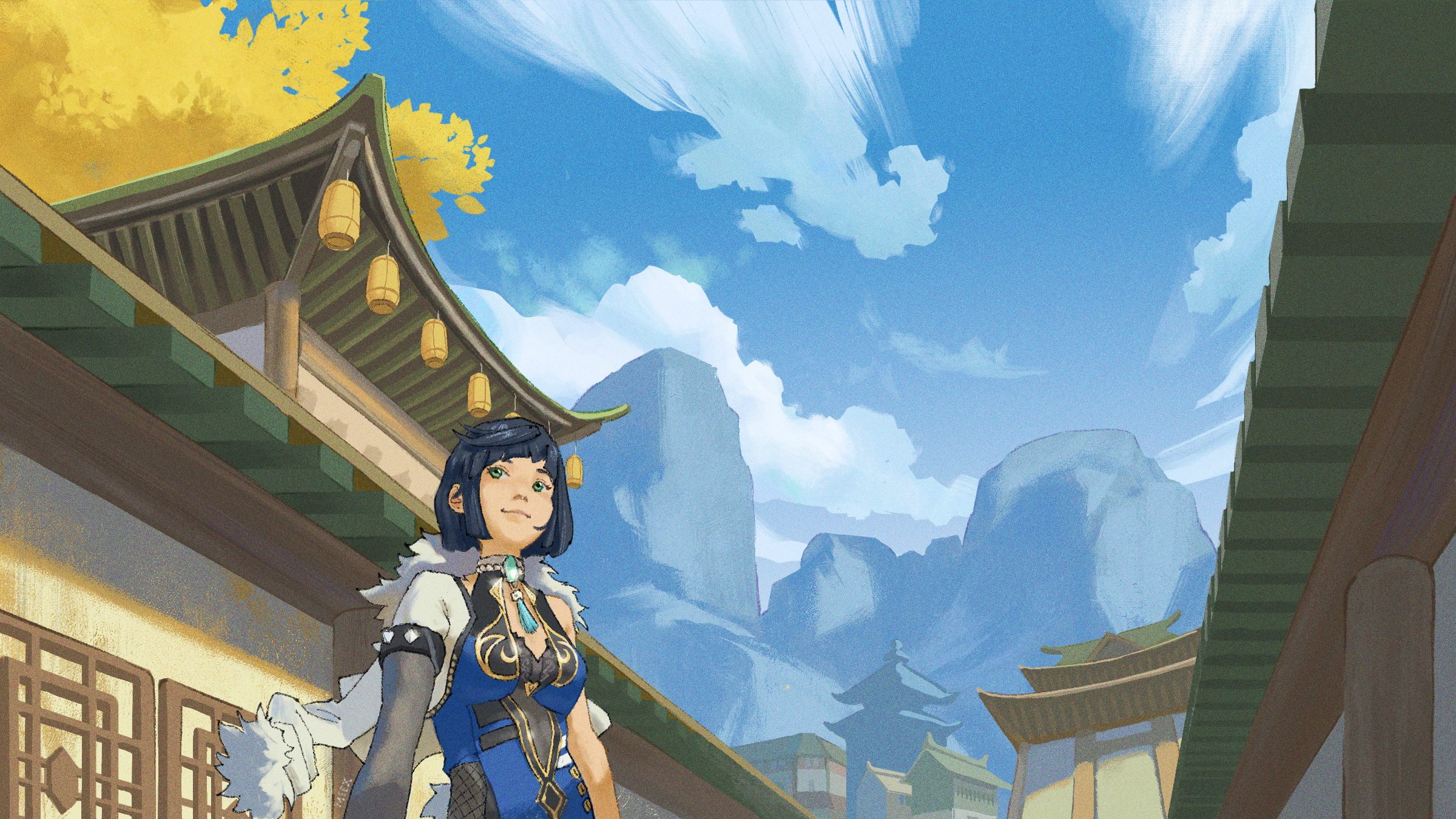 Asian village daytime illustration